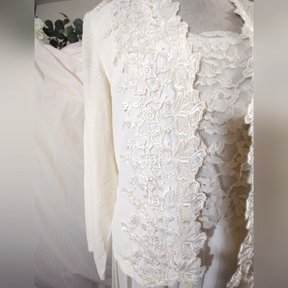 Midi Dress+Jacket, Vintage Open Crop, Long Sleeve, Ivory, Lace, Pleats, Straps,8 - Picture 11 of 16